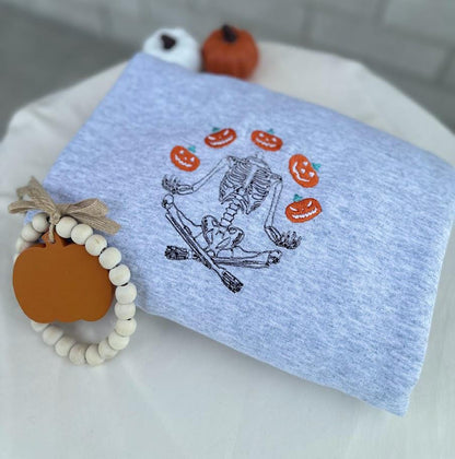 EMBROIDERED Jack O' Lantern Skeleton Sweatshirt, Halloween Sweatshirt, Spooky Season, Dancing Skeleton, Fall Sweatshirt, Pumpkin Sweater