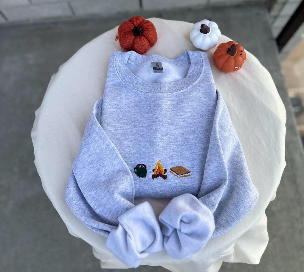 Smores Hot Chocolate Campfire Embroidered Fall Sweatshirt, Camping Lover Gift, Cozy Camping Sweatshirt, Fall Autumn Sweatshirt Crewneck