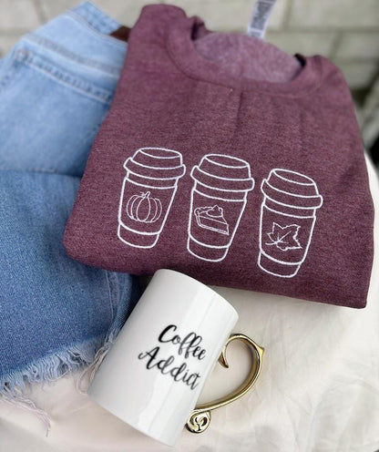 Cozy Fall Coffee Lover Embroidered Sweatshirt, Iced Coffee Halloween Sweater, Gift Coffee Lovers, Embroidered Coffee Cup Mugs, Pumpkin Spice