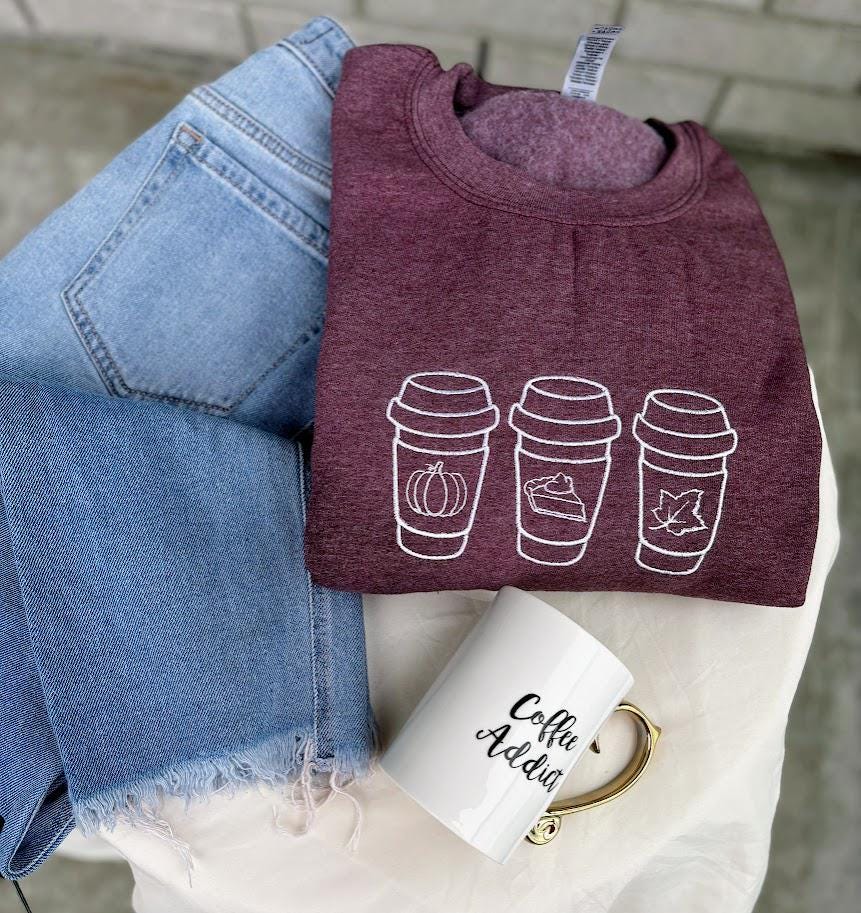 Cozy Fall Coffee Lover Embroidered Sweatshirt, Iced Coffee Halloween Sweater, Gift Coffee Lovers, Embroidered Coffee Cup Mugs, Pumpkin Spice