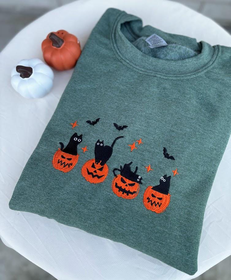 EMBROIDERED Black Cat Sweatshirt, Pumpkin Jack O' Lantern, Cat Ghost Shirt, Gift For Cat Lovers, Fall Sweatshirt for Women and Men, Crewneck