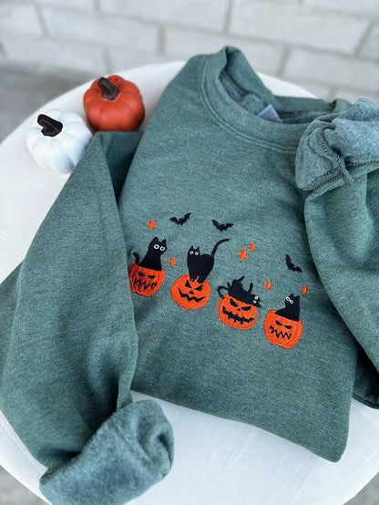 EMBROIDERED Black Cat Sweatshirt, Pumpkin Jack O' Lantern, Cat Ghost Shirt, Gift For Cat Lovers, Fall Sweatshirt for Women and Men, Crewneck