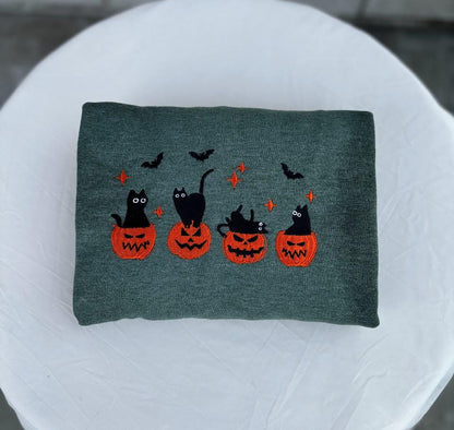 EMBROIDERED Black Cat Sweatshirt, Pumpkin Jack O' Lantern, Cat Ghost Shirt, Gift For Cat Lovers, Fall Sweatshirt for Women and Men, Crewneck