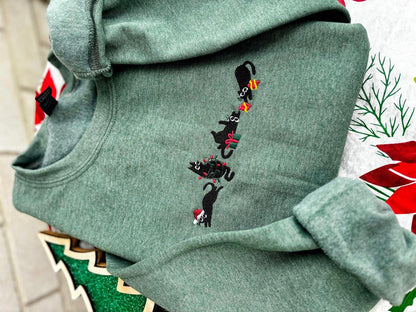 Christmas Cat Embroidered Sweatshirt, Cat Lover Crewneck, Christmas Gift, Festive Green Holiday Pet Sweater, Stocking Stuffer, Funny Sweater