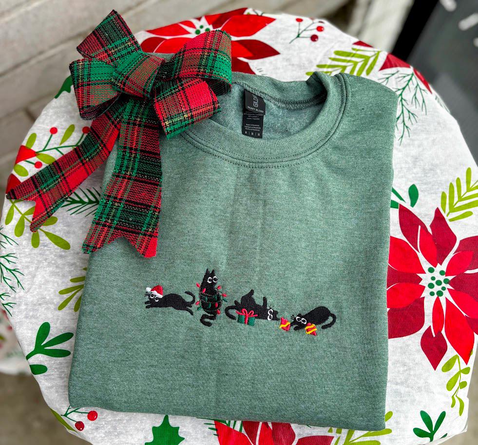 Christmas Cat Embroidered Sweatshirt, Cat Lover Crewneck, Christmas Gift, Festive Green Holiday Pet Sweater, Stocking Stuffer, Funny Sweater