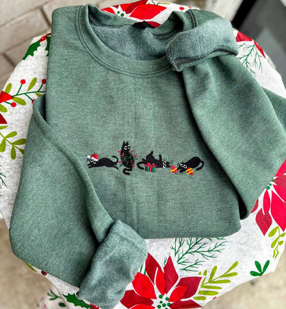 Christmas Cat Embroidered Sweatshirt, Cat Lover Crewneck, Christmas Gift, Festive Green Holiday Pet Sweater, Stocking Stuffer, Funny Sweater