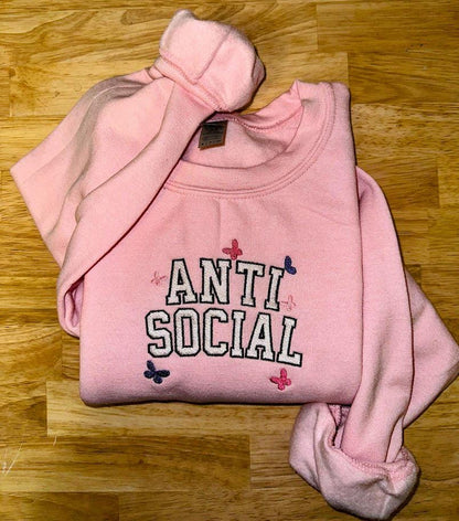 Antisocial Embroidered Sweatshirt - Embroidered Crewneck - Custom Sweatshirt - Custom Sweater - Introvert - AntiSocial - Pink