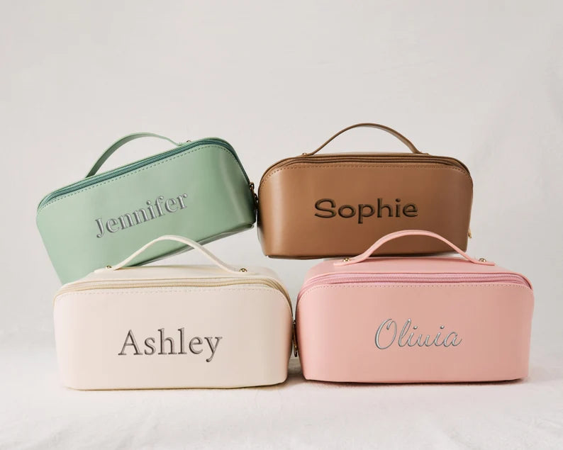 Leather Makeup Bag - Embroidered Custom Name