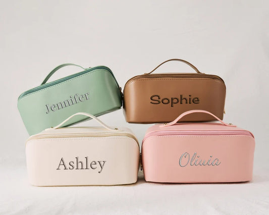 Leather Makeup Bag - Embroidered Custom Name