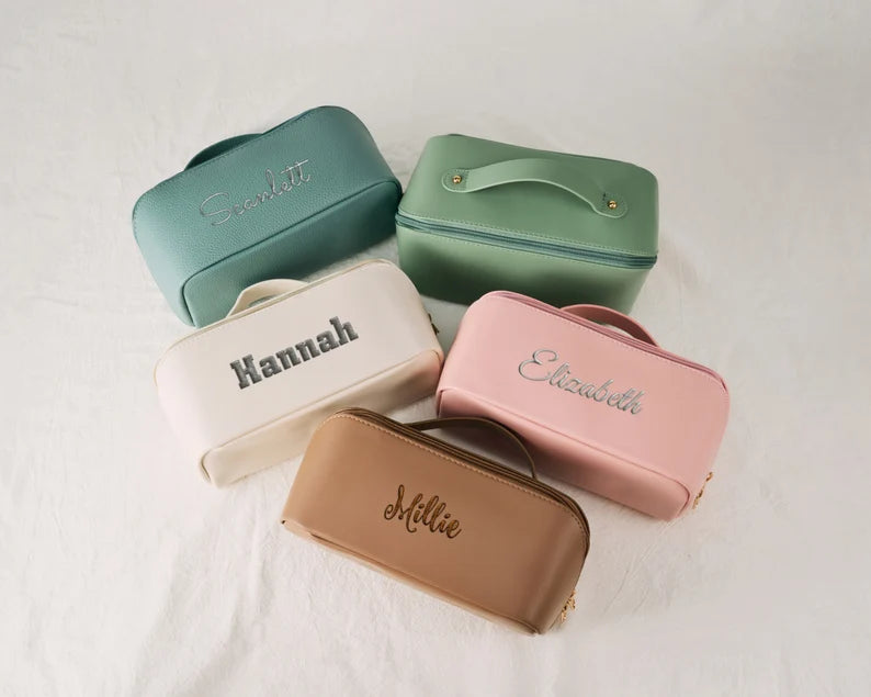 Leather Makeup Bag - Embroidered Custom Name