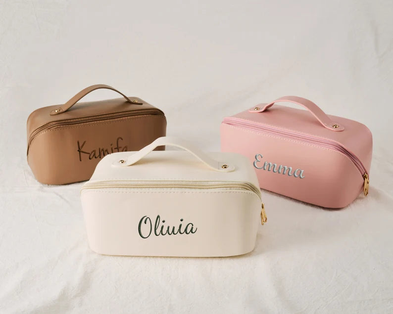 Leather Makeup Bag - Embroidered Custom Name