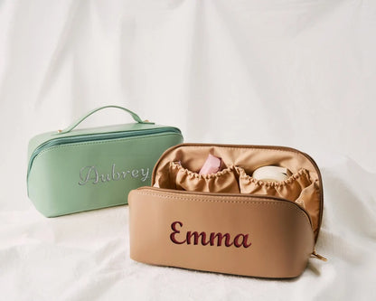 Leather Makeup Bag - Embroidered Custom Name