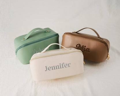 Leather Makeup Bag - Embroidered Custom Name