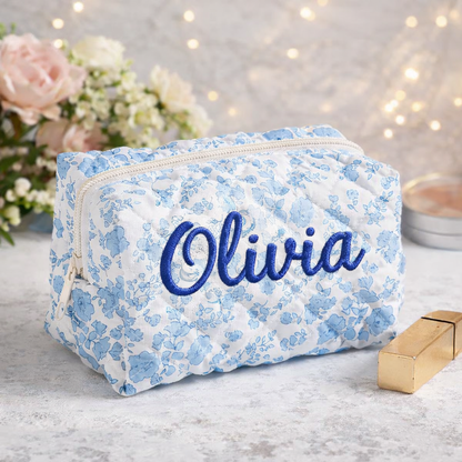 Floral Makeup Bag - Embroidered Custom Name
