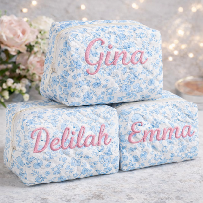 Floral Makeup Bag - Embroidered Custom Name