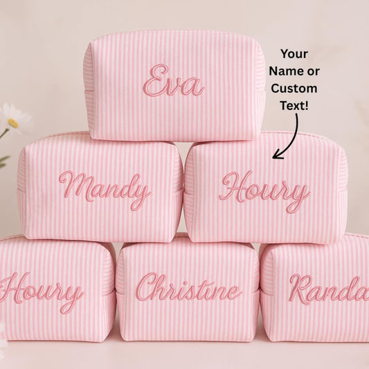 Striped Makeup Bag - Embroidered Custom Name