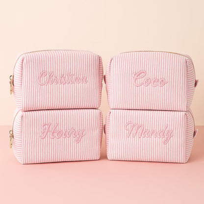 Striped Makeup Bag - Embroidered Custom Name