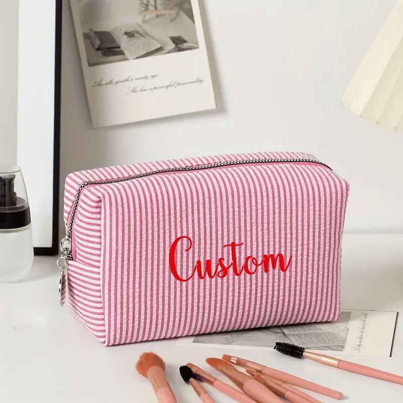 Striped Makeup Bag - Embroidered Custom Name