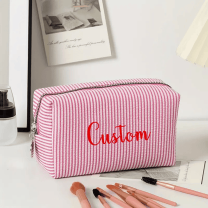 Striped Makeup Bag - Embroidered Custom Name