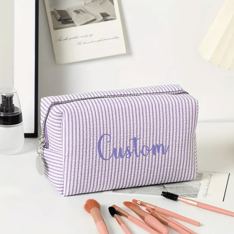 Striped Makeup Bag - Embroidered Custom Name