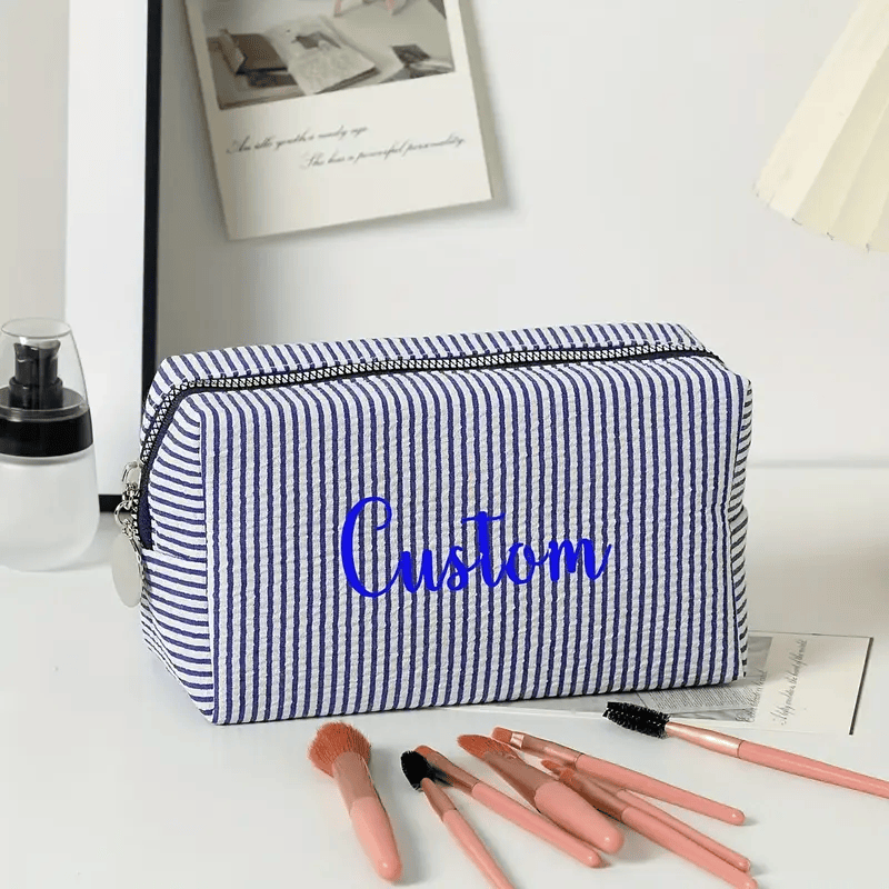 Striped Makeup Bag - Embroidered Custom Name