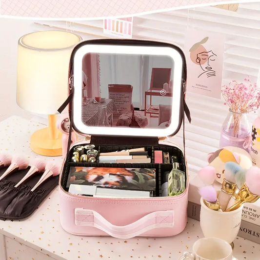 Travel Makeup Bag With 3 Color LED Mirror, Rechargeable, Cute Cosmetic Gift