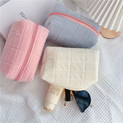 Soft Plush Quilted Makeup Bag, Lightweight Travel Cosmetic & Toiletry Organizer, Minimalist Solid Color Design